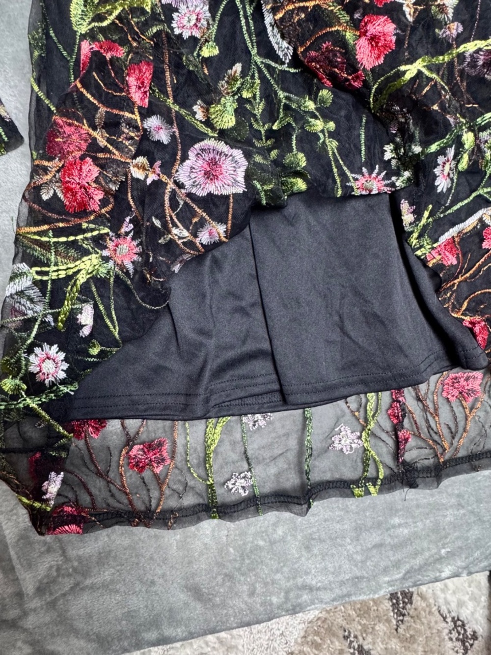 Black Embroidered Floral Mesh Dress Sheer Sleeve Boho Cottagecore Small - Picture 5 of 10